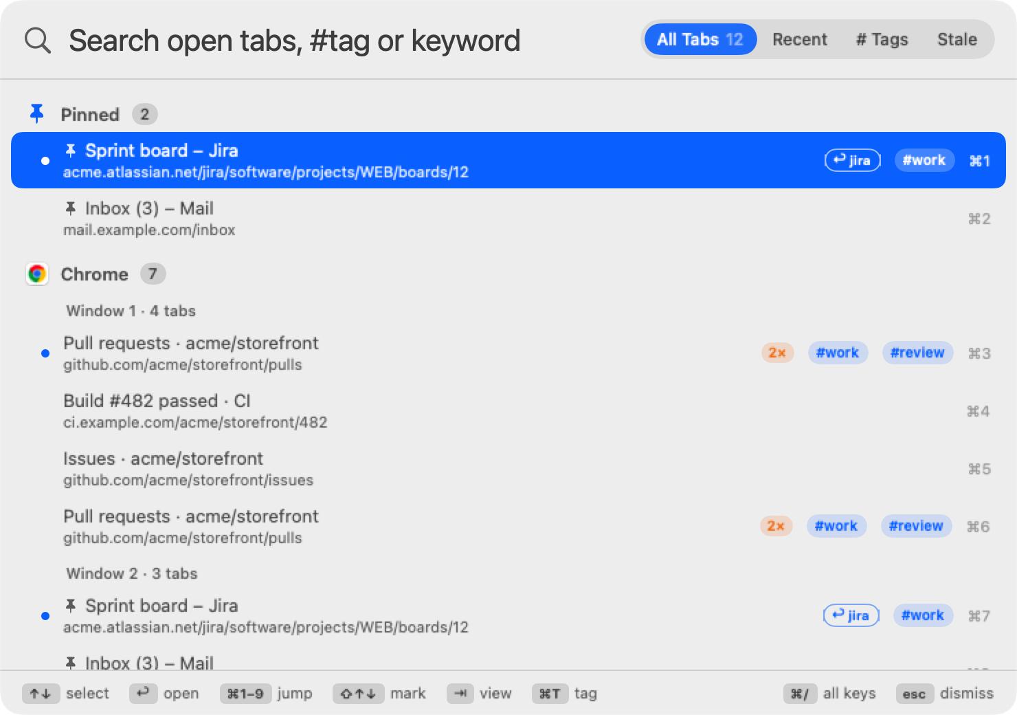 The BrowserSearch panel listing tabs grouped under Chrome and Safari, and by window