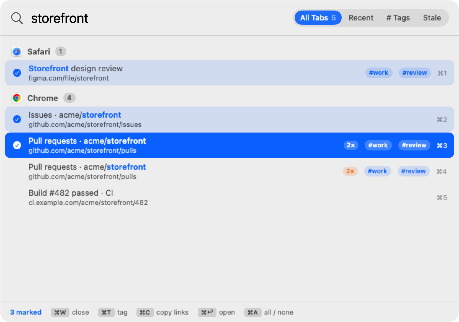 Three tabs marked, with close, tag and copy-links actions
