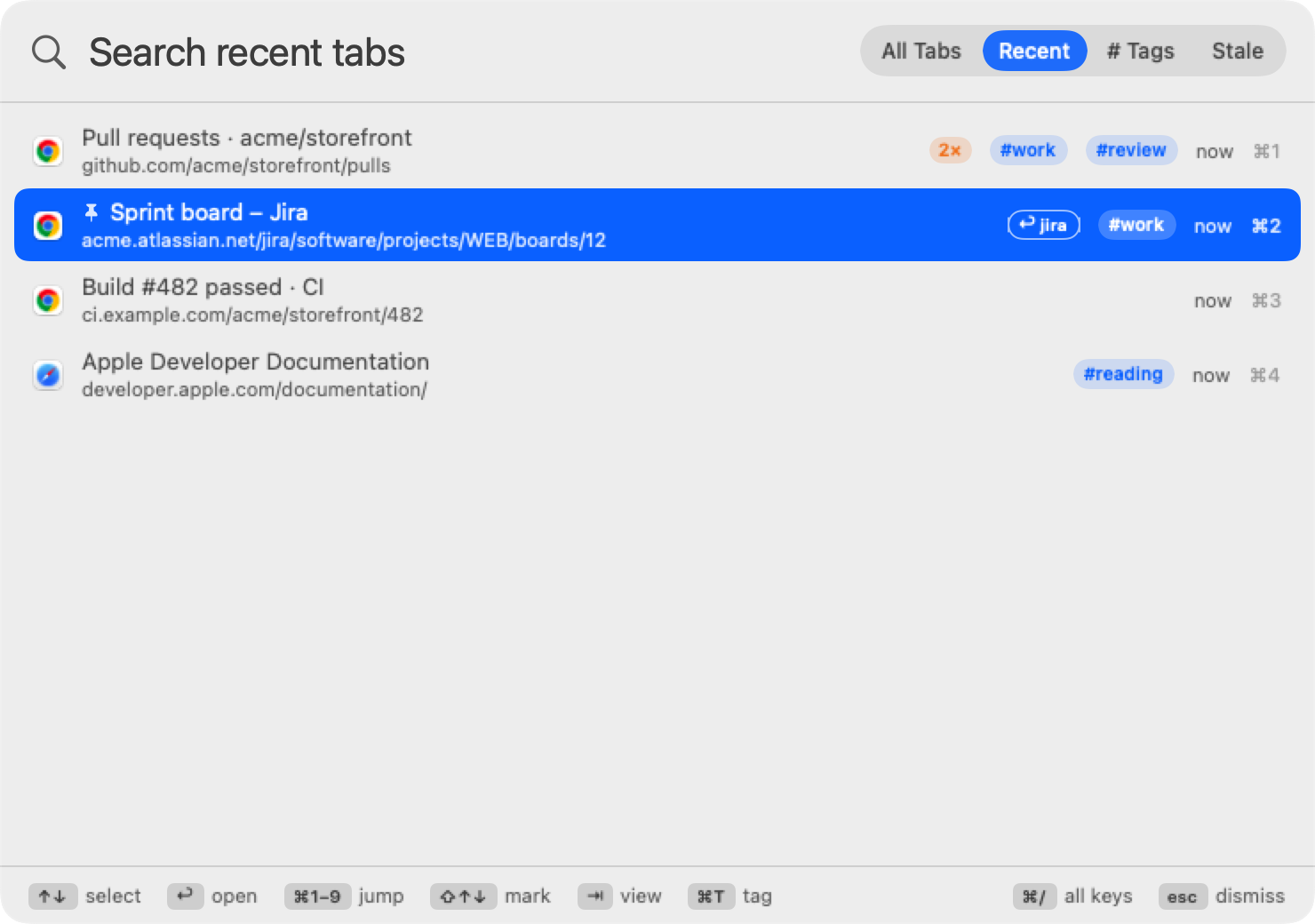 The Recent list showing the most recently used tabs, newest first, with the previous tab preselected