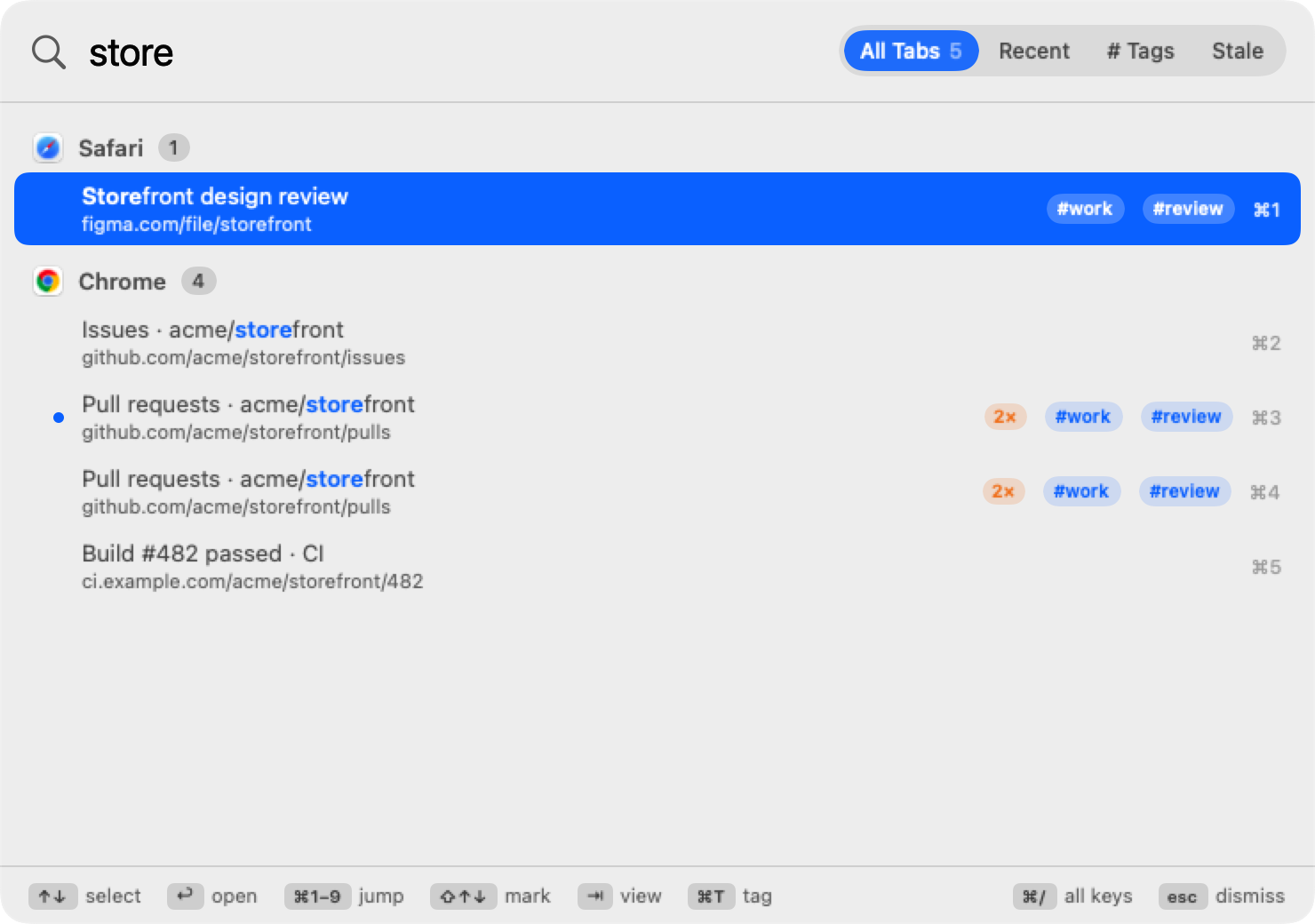 Typing 'store' narrows the list to the two matching Chrome tabs