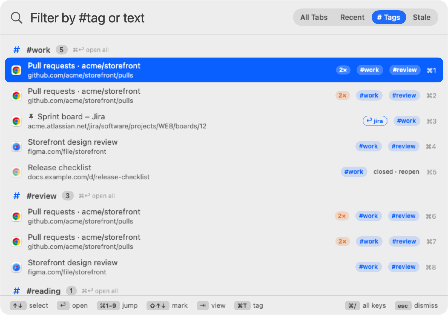The Tags view: #work, #review and #reading groups, including a closed page that can be reopened